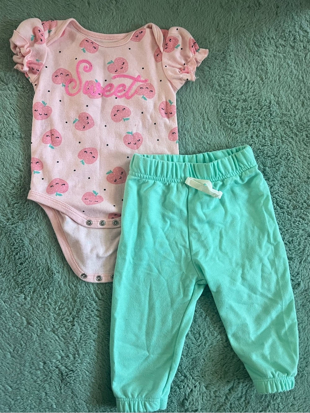 Pink bon bebe 'Sweet' Strawberry Bodysuit with Mint Green Pants